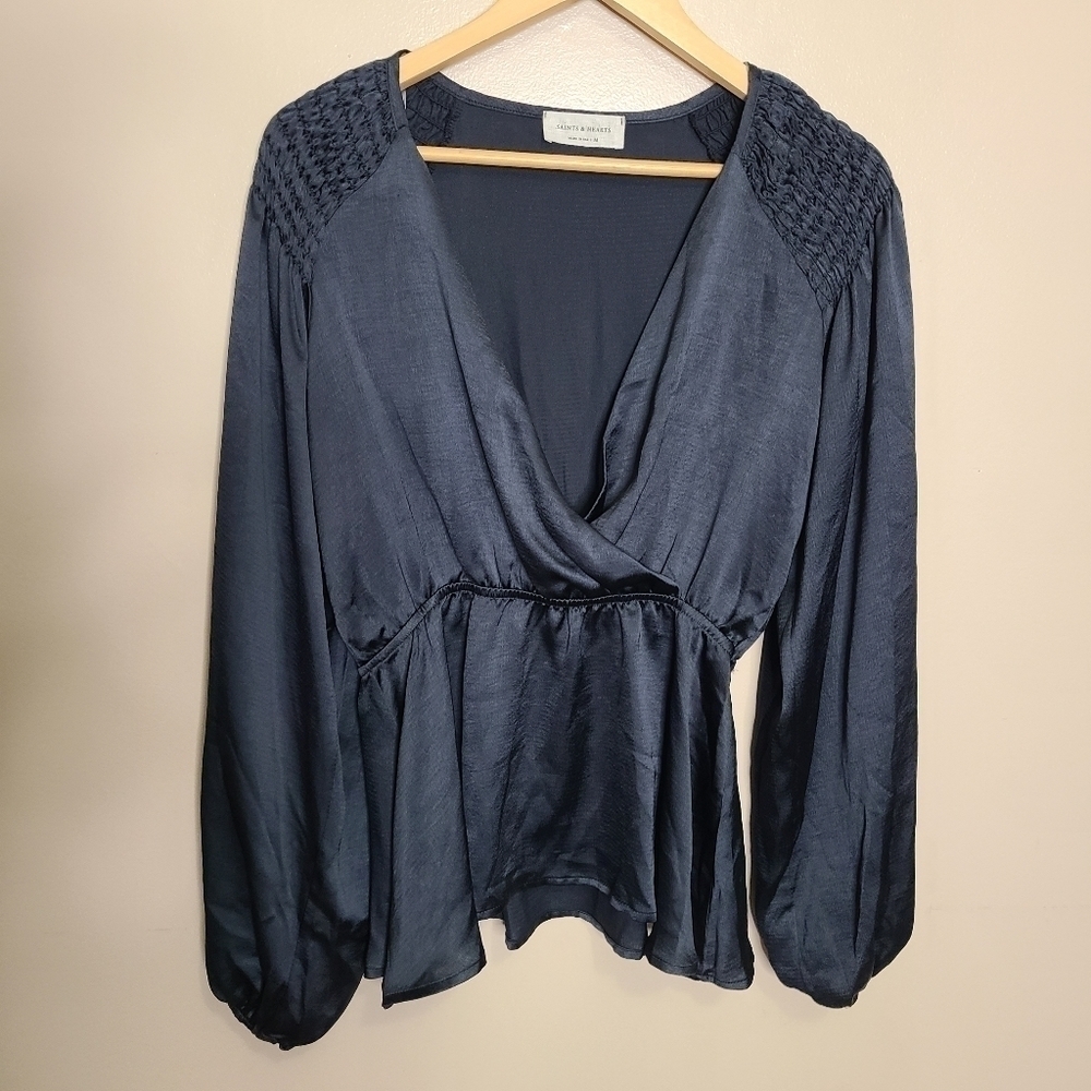 Saints & Hearts Black Satin Faux Wrap Blouse